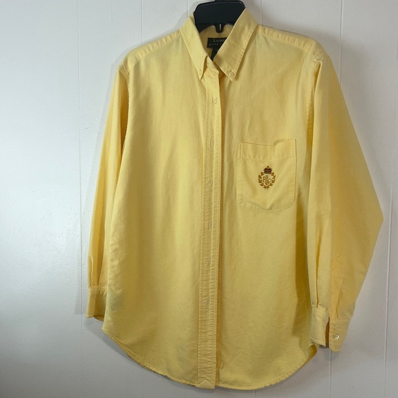 women’s Yellow Button-Up Shirt with Embroidered Crest Ralph Lauren Size 10 - Picture 3 of 13